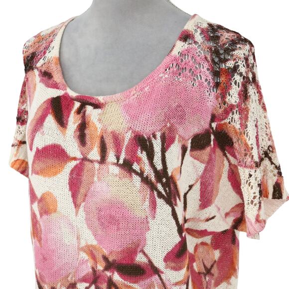 Chicos Sweater 2 Womens Large Ivory Pink Floral Cotton Knit Cap Sleeve Oversized - Picture 8 of 14
